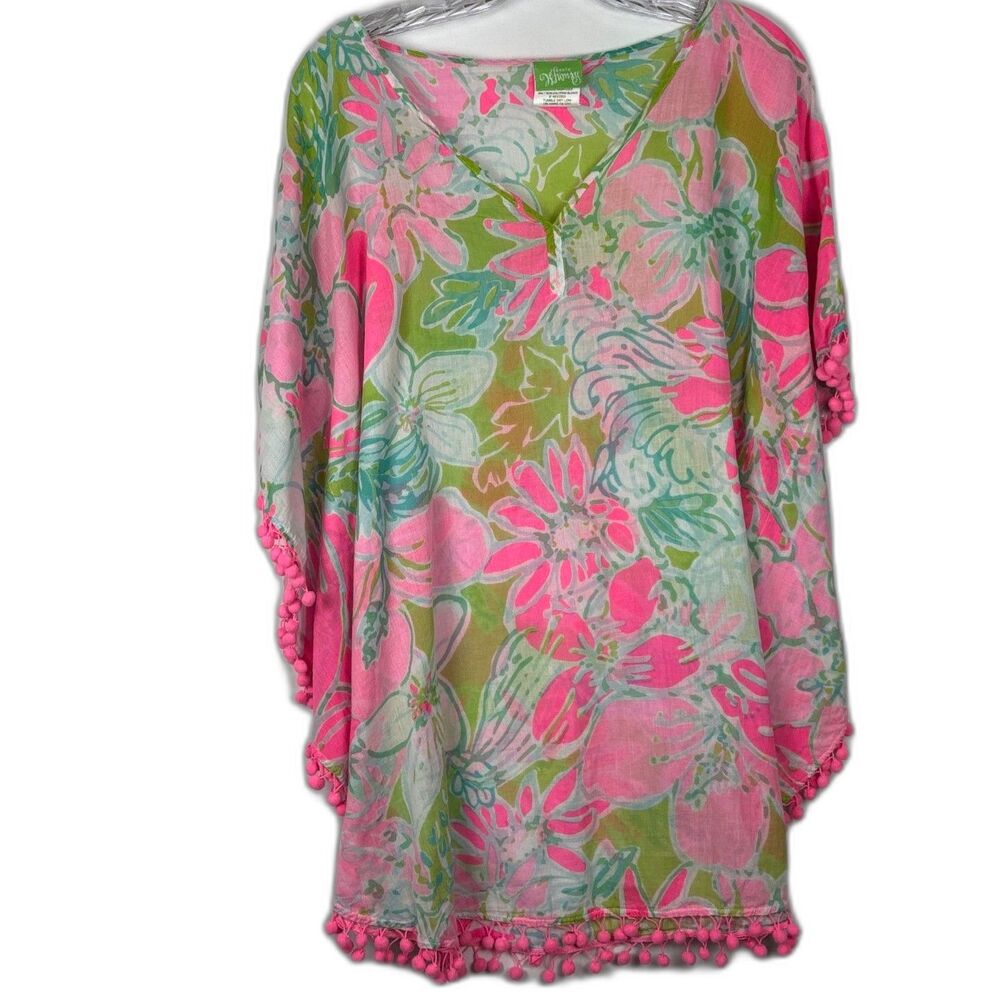 Classic Whimsy Floral Pink & Green Pom Pom Kaftan Cover Up Tropical Floral S/M